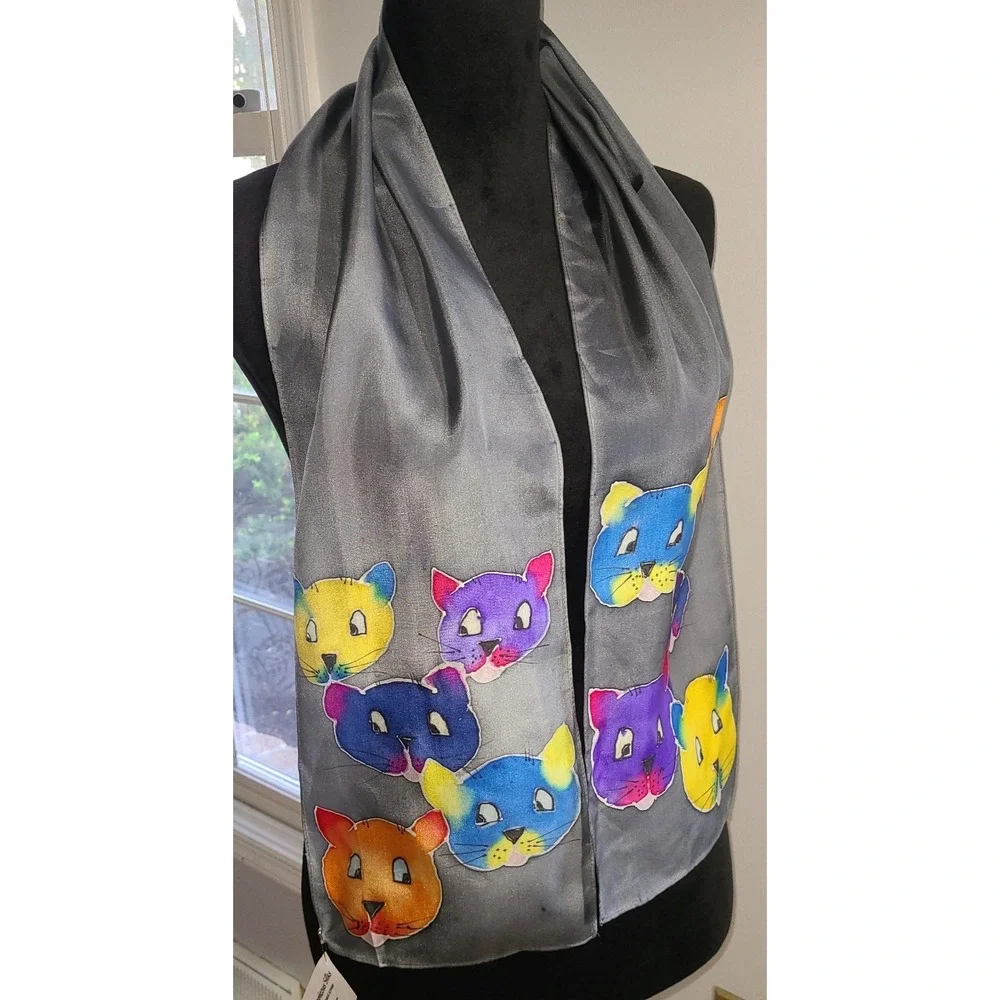 NWT ARTY'S 100% SILK SCARF HANDMADE Hand Painted Hand Rolled Cats 53‎ x 8 inches